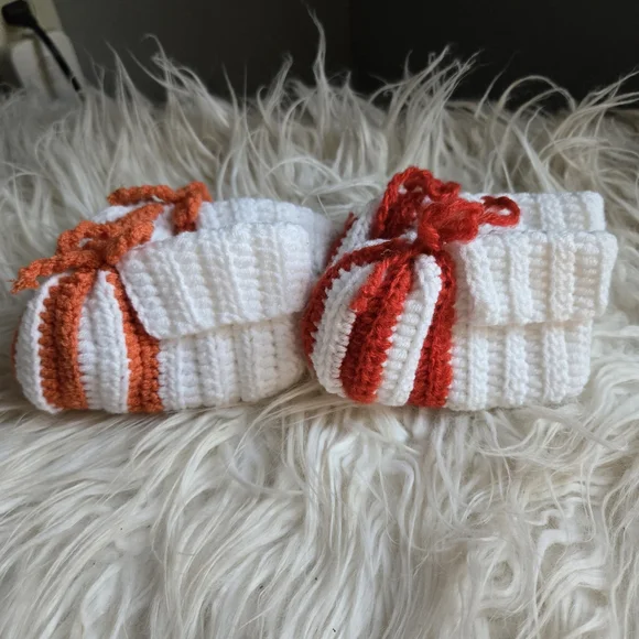 Handmade Knitted Baby Booties - White, Red, and Orange - Picture 1 of 6